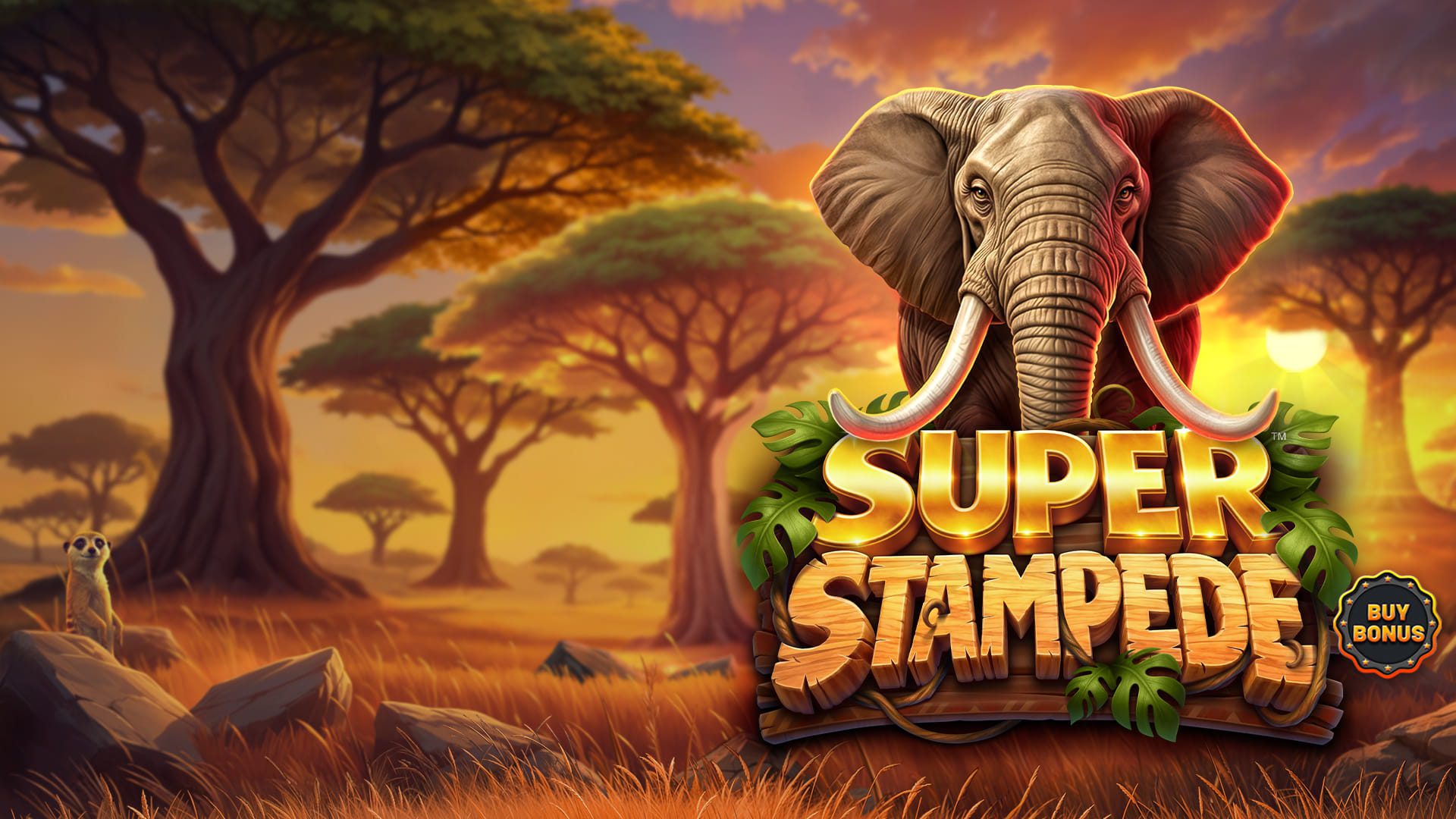 Herds of valuable wild elephants overtake the savannah in SUPER STAMPEDE<sup>TM</sup>, Betsoft's wild new release in their classic STAMPEDE<sup>TM</sup> series.